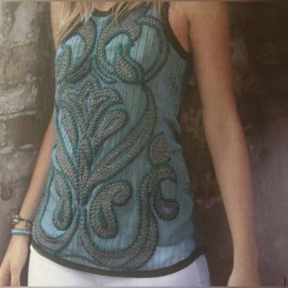 Anthro DOLAN Acadia Embroidered Tank Top Scroll Paisley Teal Blue Green Textured - Picture 4 of 11